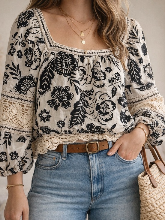 Christian Siriano Tops - Christian Siriano Boho Floral Top Large Crochet Lace Linen Blend Peasant Blouse